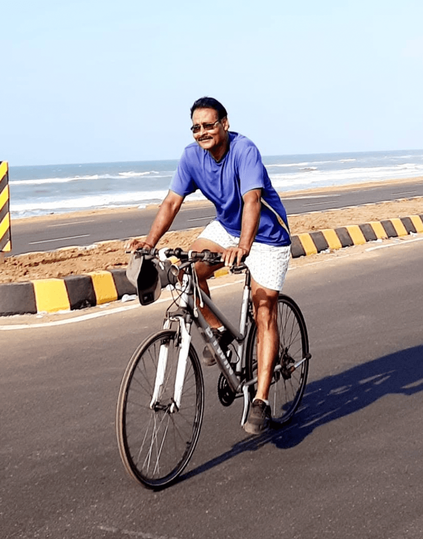 Santi Ranjan Mishra, host of Casa Blanca, cycling along the Puri marine drive